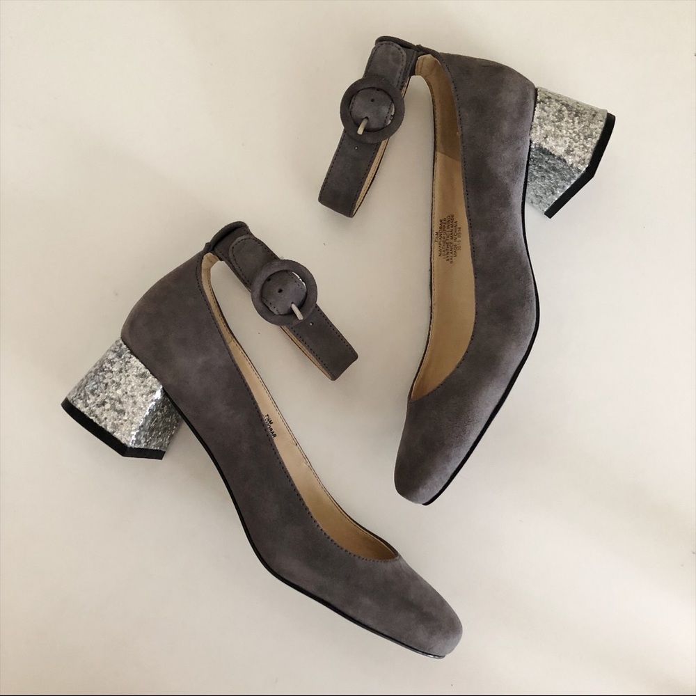 Gray Faux Suede Preppy Old Money Silver Glitter Block Heel Buckle